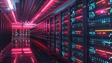 A corridor in a modern data center glows with neon lights, highlighting racks of servers that power our digital world.
