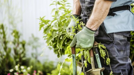 Obraz premium Garden gardening hobby leisure concept background - Close up of hands of a man who is working in the garden