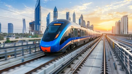 Naklejka premium Sleek modern high speed express train on tracks at bustling urban train station in the cityscape