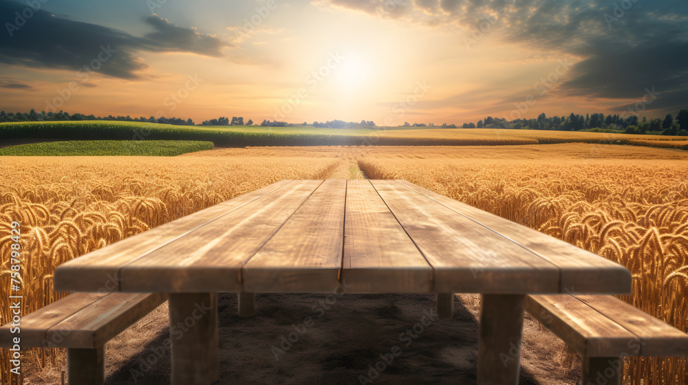 Poster empty wooden table in front of big bitcoin field background