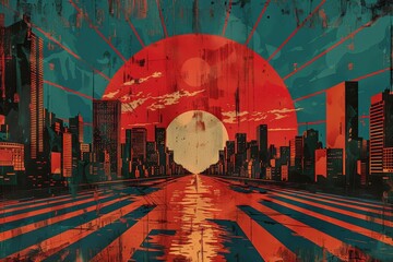 A comic book panel of the sun rising over an urban cityscape.  - obrazy, fototapety, plakaty