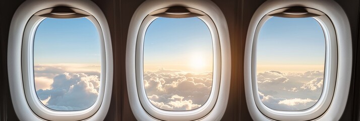 Serene panoramic sky horizon view from airplane window, peaceful aerial landscape