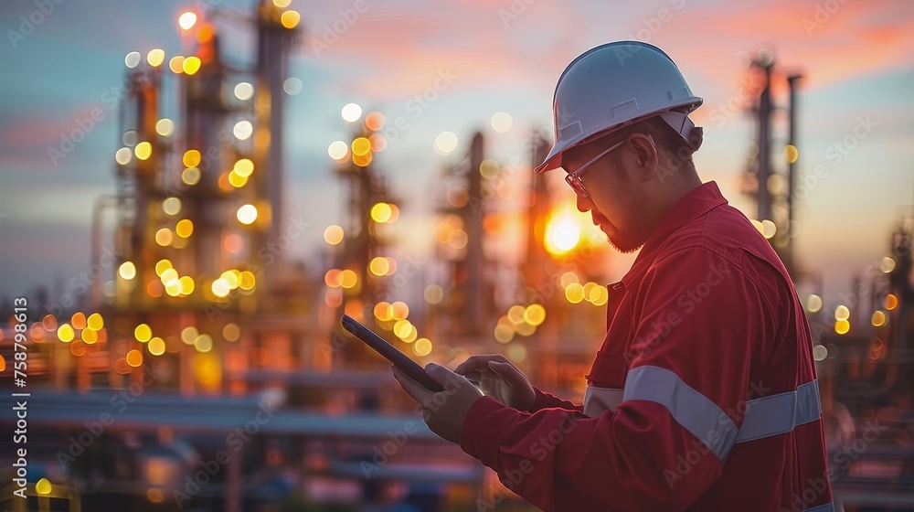 Poster engineer analyzing refinery data on tablet amid machinery and pipelines with warm lighting