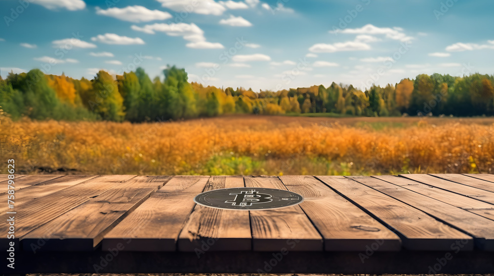 Poster empty wooden table in front of big bitcoin field background