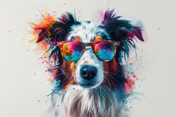 A cute border collie dog wearing colorful sunglasses  - obrazy, fototapety, plakaty