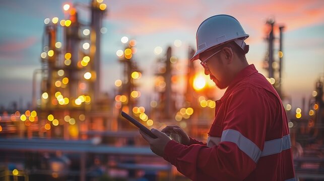 Engineer analyzing refinery data on tablet amid machinery and pipelines with warm lighting