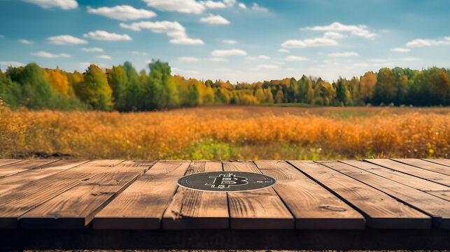 Empty wooden table in front of big bitcoin field background