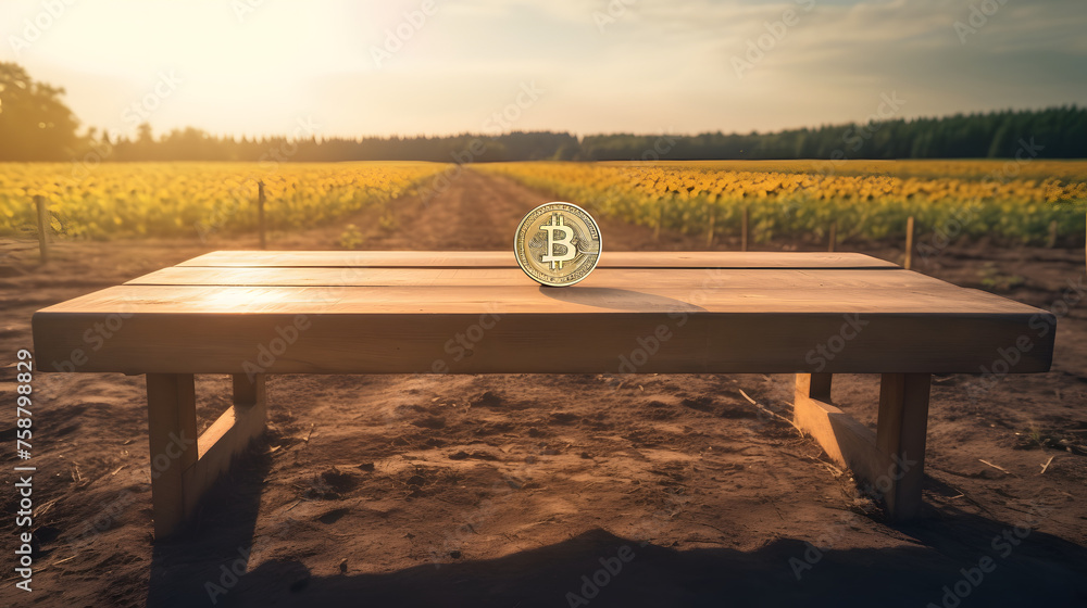 Aufkleber empty wooden table in front of big bitcoin field background