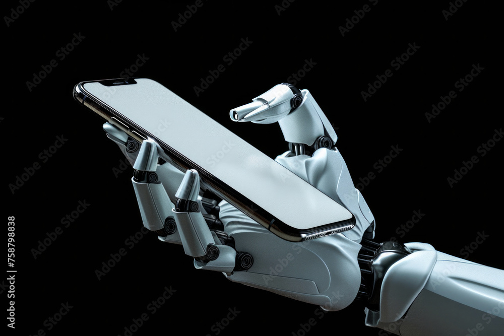Poster robot is holding a cell phone in its hand. robot is white and has a robotic arm. close-up of a robot