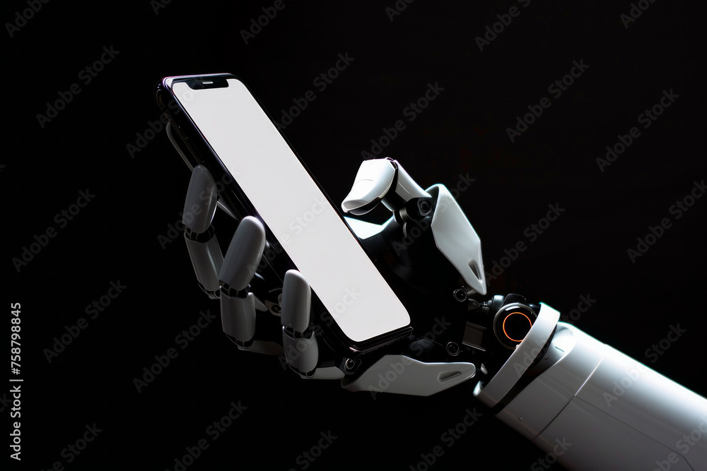 Poster robot is holding a cell phone in its hand. robot is white and has a robotic arm. close-up of a robot