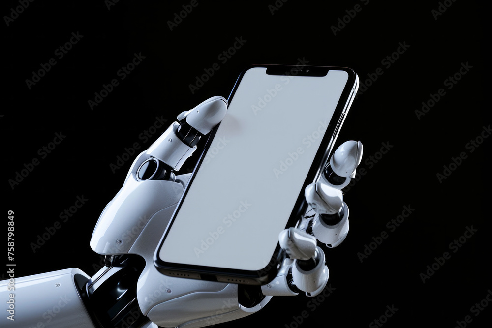 Poster robot is holding a cell phone in its hand. robot is white and has a robotic arm. close-up of a robot