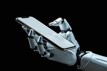 Naklejka premium robot is holding a cell phone in its hand. robot is white and has a robotic arm. Close-up of a robot hand holding a white smartphone with blank screen with copy space. Isolated on black background.