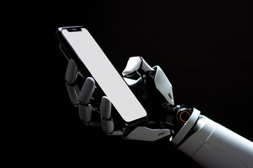 robot is holding a cell phone in its hand. robot is white and has a robotic arm. Close-up of a robot hand holding a white smartphone with blank screen with copy space. Isolated on black background.