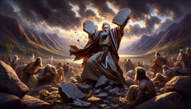 Moses' Righteous Anger: Breaking the Sacred Tablets of the Ten Commandments at the Camp of the Israelites in Response to Their Betrayal in Idolatry.