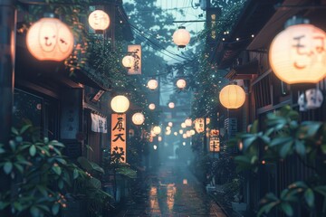A dark alley i with white glowing lanterns and green plants.