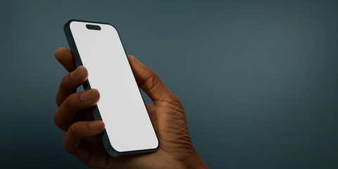 Black African-American hand displays a modern smartphone with a blank screen  - 758799245