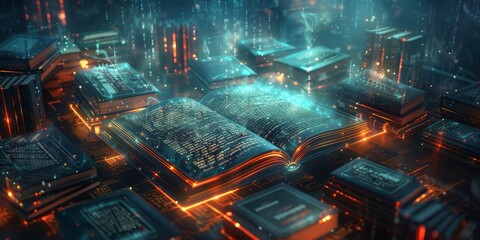 A digital art piece depicts an array of open books with pages filled with glowing data points and code, set against the backdrop of dark space or abstract geometric shapes. 
