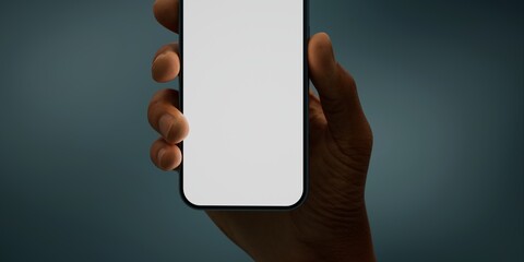 Black African-American hand displays a modern smartphone with a blank screen  - 758799474