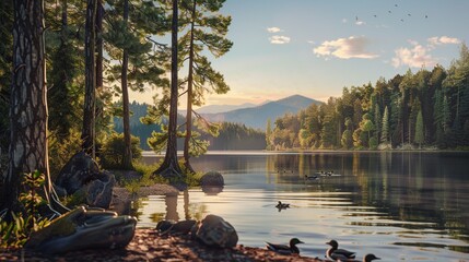 A peaceful lakeside setting in the golden sunlight, tall pine trees casting long shadows on the water's surface, a family of ducks gliding across the tranquil lake, distant mountains silhouetted again - obrazy, fototapety, plakaty