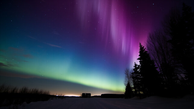 Northern lights (Aurora Borealis) over the silhouettes of the fir trees