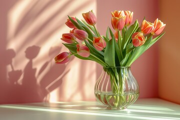 transparent vase with pink tulips on the table and shadow on the wall. space for text, advertising
