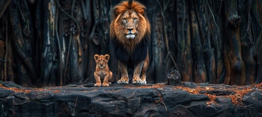 Male lion and cub portrait with object, ample space on left side for text placement © Ilja