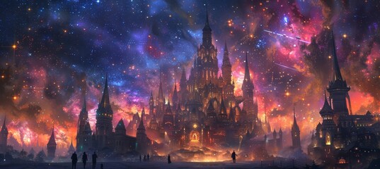 A fantasy castle surrounded by stars and shooting comets in a night sky, in the style of anime - obrazy, fototapety, plakaty
