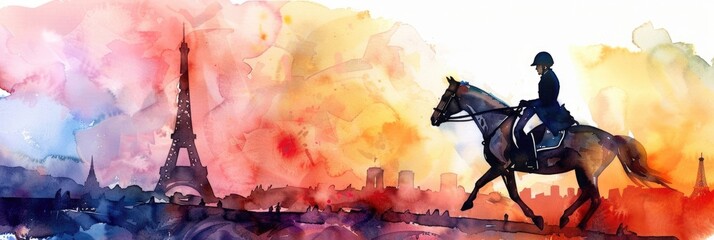 watercolor illustration, the Summer Olympic Games in Paris, equestrian sports, an athlete riding a horse against the background of the Eiffel Tower and a panorama of the city's attractions - obrazy, fototapety, plakaty