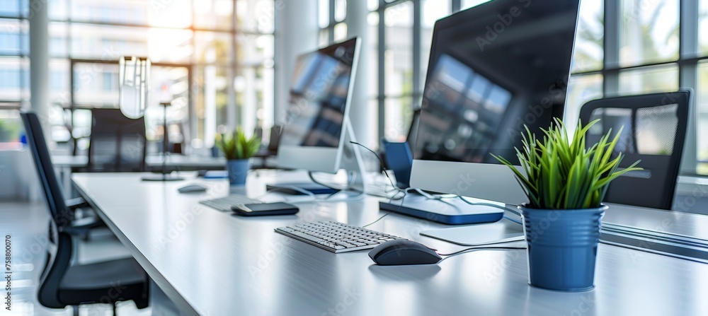 Poster display of modern office technology integration in a workspace background setting