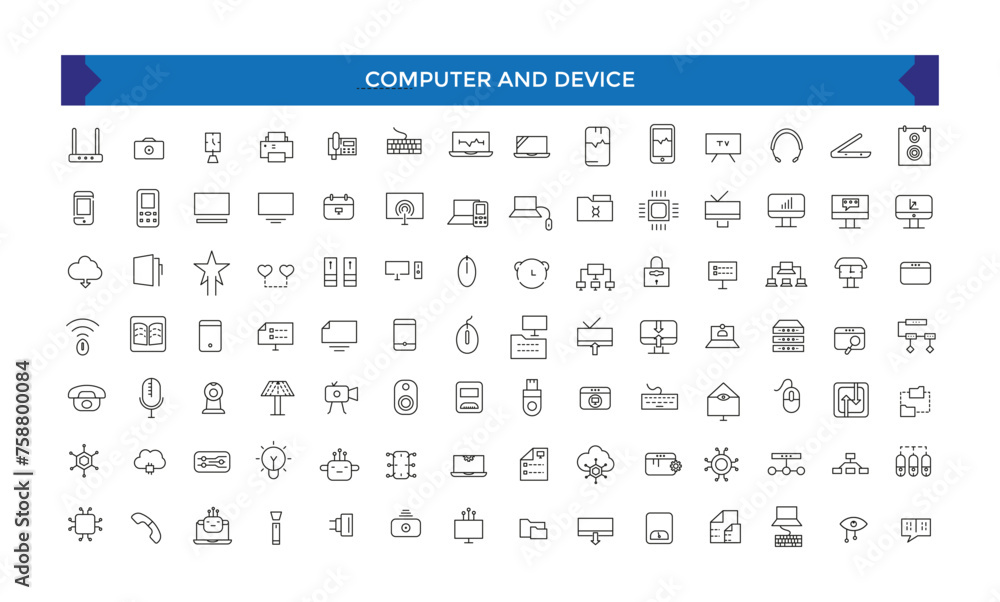 Poster computer and device icon set. electronic devices thin line icons. outline symbol collection.