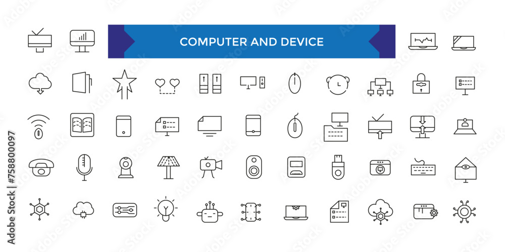 Poster computer and device icon set. electronic devices thin line icons. outline symbol collection.