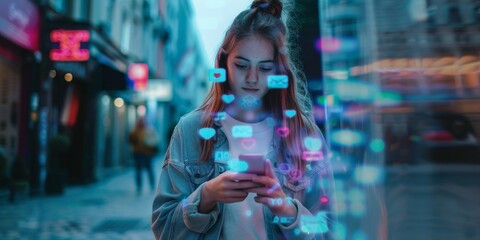  girl uses social media via smartphone application icons Generative AI