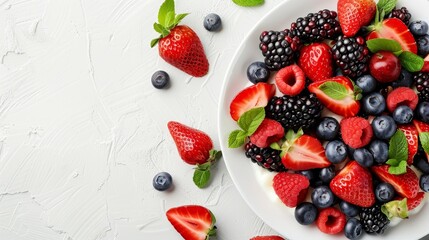Vibrant fruit platter on white surface for healthy eating advertisement with copy space
