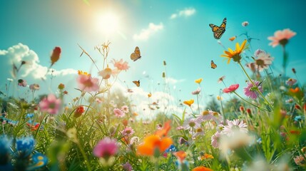 A vast meadow bathed in sunlight, colorful wildflowers swaying in the gentle breeze, a clear blue sky stretching endlessly above, butterflies flitting among the blossoms, evoking a sense of joy and se