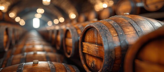Old traditional wooden barrels in the cellar