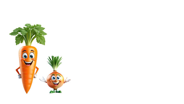 3D tiny cartoon character of carrot with eyes, arms, legs on white background with copy space. promote healthy kid's eating, nutrition education, children's books, fun mascot to sell vegetables