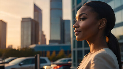 Happy wealthy rich successful black businesswoman standing in big city modern skyscrapers street on sunset thinking of successful vision, dreaming of new investment opportunities - obrazy, fototapety, plakaty