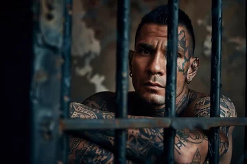 Foto op Aluminium tattooed gang member sitting behind prison bars © Jorge Ferreiro