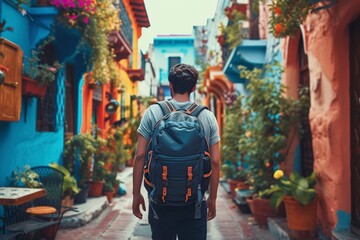 Obraz premium man with a backpack on vacation walking through the streets of a small colored town