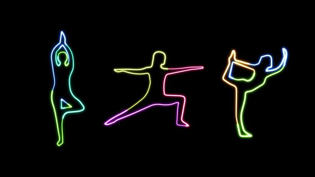 Glowing neon woman yoga poses animation on black background. Women practice meditation and stretching. glowing line Yoga complex animation. Healthy lifestyle concept