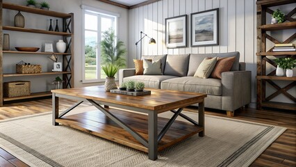 Farmhouse style home interior design of modern living room with rustic wooden coffee table