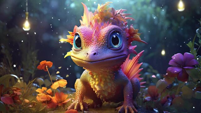 Adorable Fluffy Reptile Frolicking in the Enchanted Fantasy Forest Seamless looping 4k time-lapse virtual video animation background. Generated AI