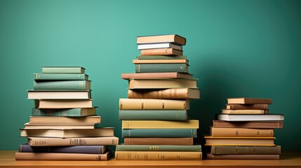 Stacks of books on a turquoise background. World Book Day, Education Concept
