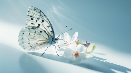 Fragile pastel coloured butterfly on a light background with shadows. Aesthetic nature concept....