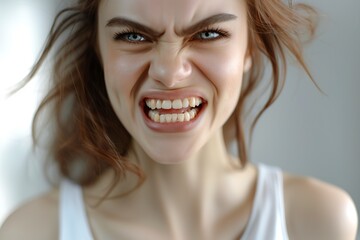 very angry young woman with her mouth open and her teeth clenched.