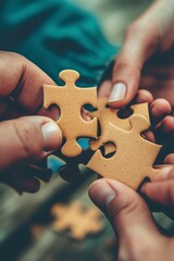 hands holding puzzle pieces in mutual cooperation - obrazy, fototapety, plakaty
