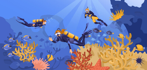 Scuba diving on the bottom of the sea. Beautiful seascape fauna, fish. corals and algae. Divers are exploring ocean nature. Concept of exploration and development. Vector illustration