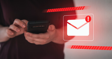 Woman receiving spam virus notification as hologram interface. Protect against internet dangers....