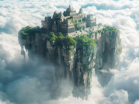 Aerial view of a Mythical Temple in the Clouds: Picture a mystical temple perched on a floating island high above the clouds, accessible only by ancient magic or flying creatures