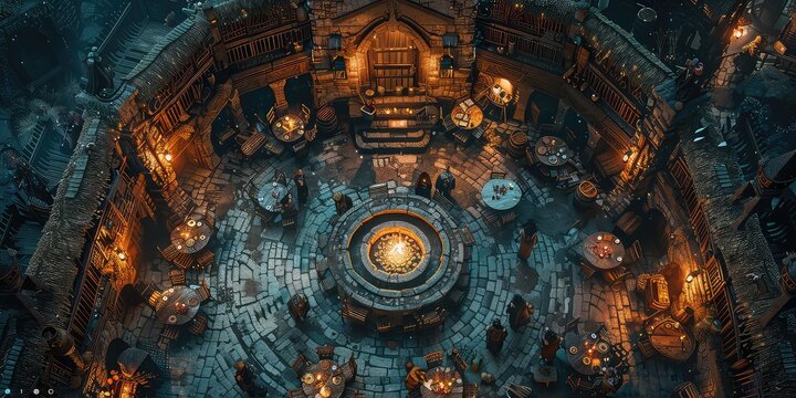 Aerial view of a Fantasy Tavern Gathering: Picture a cozy tavern filled with adventurers sharing tales of their quests, with mugs of ale clinking and a fire crackling in the hearth